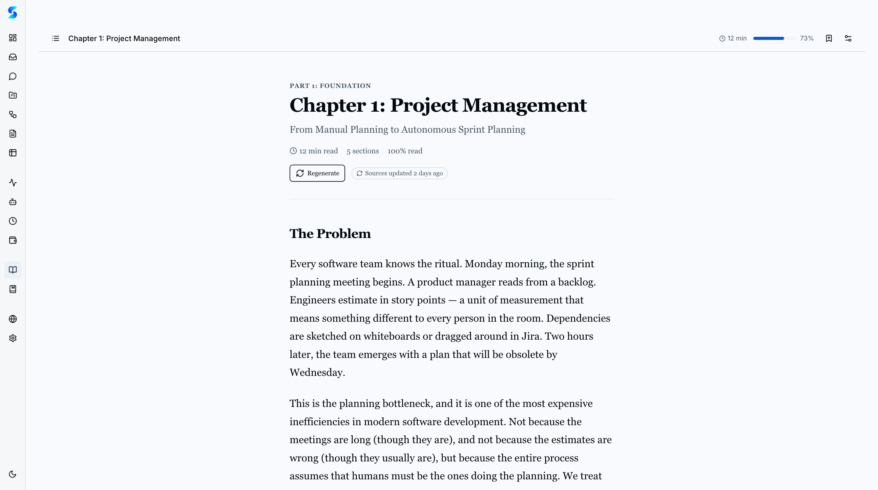 Book chapter reader showing Chapter 1: Project Management with content sections and reading progress