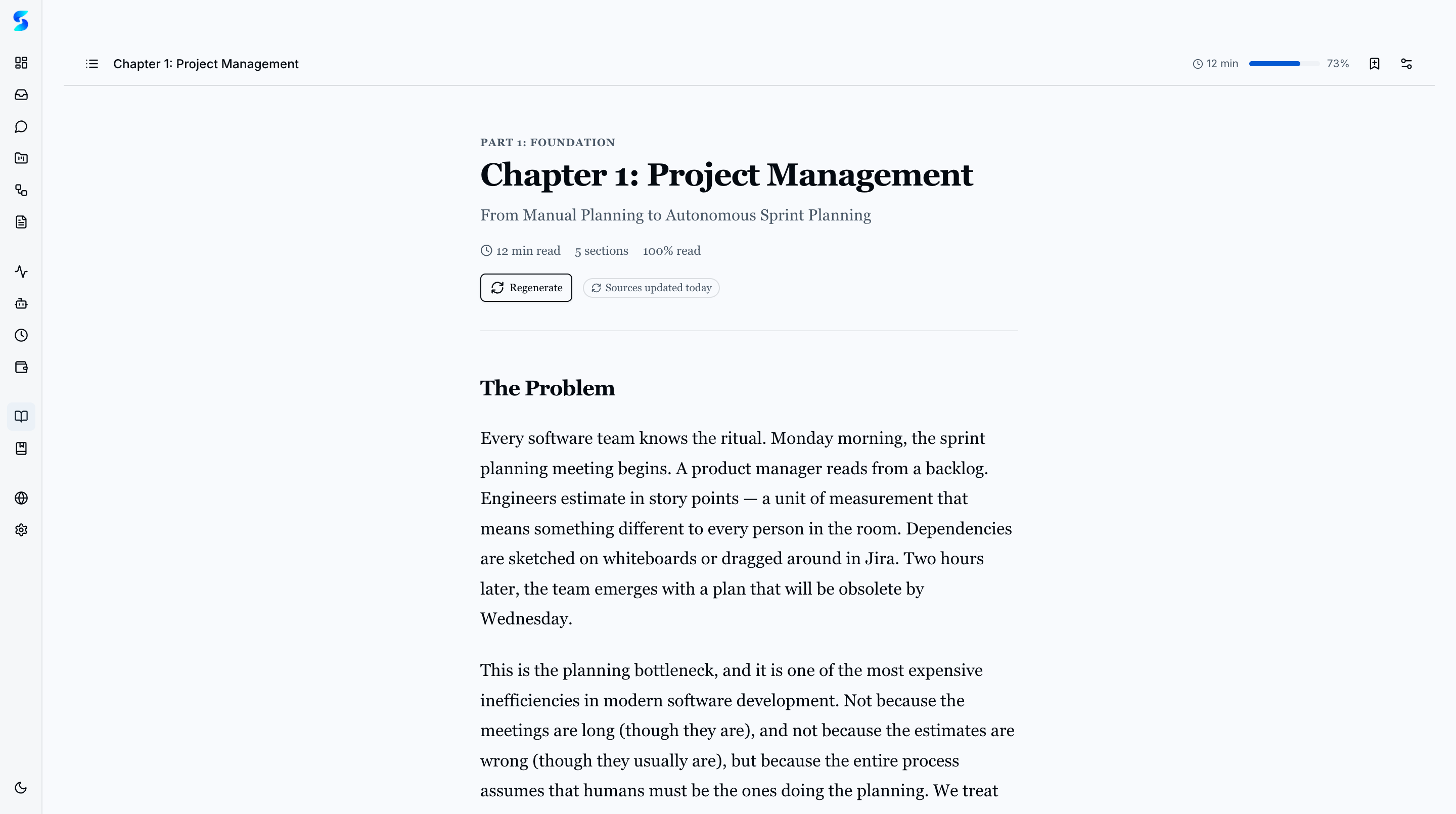 Book reader showing Chapter 1: Project Management with reading progress bar and Regenerate button
