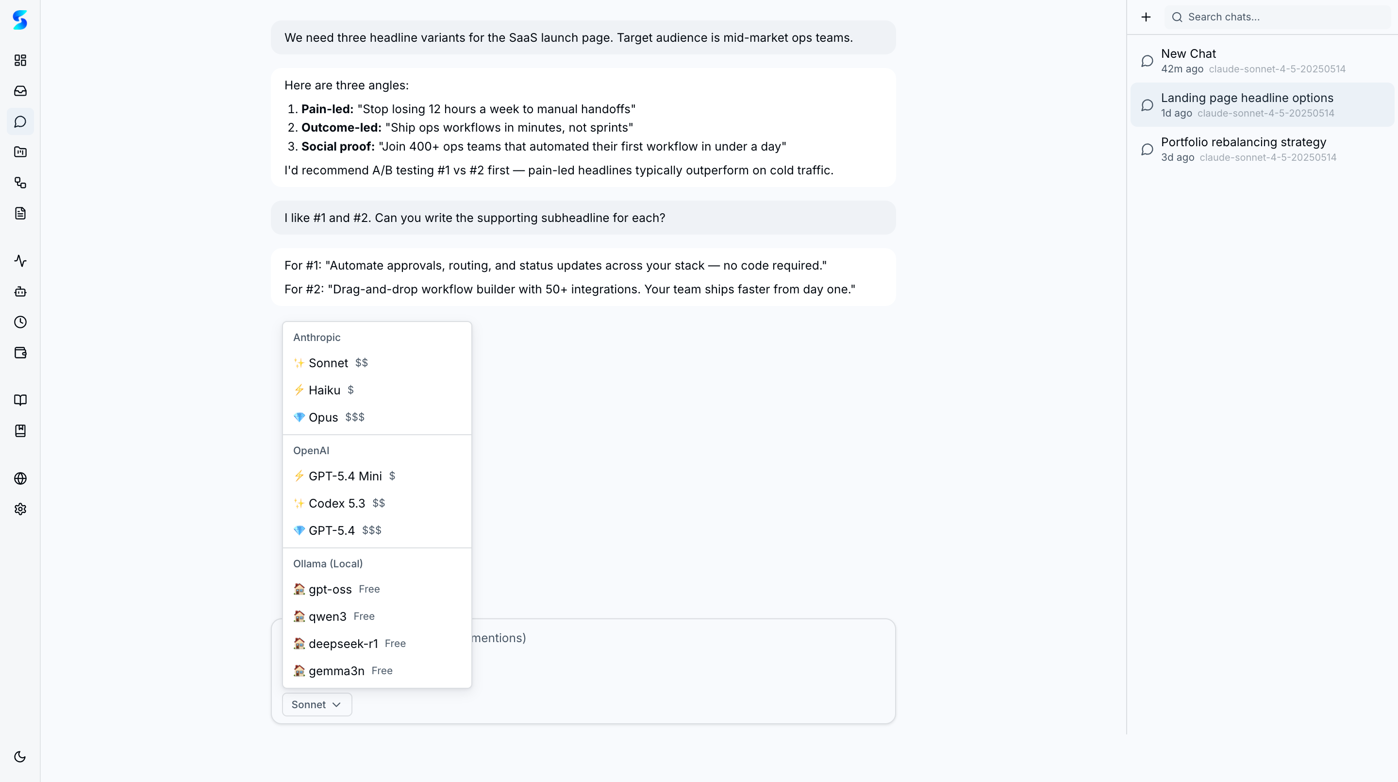 Model selector dropdown showing Anthropic and OpenAI models grouped by provider with cost tier labels