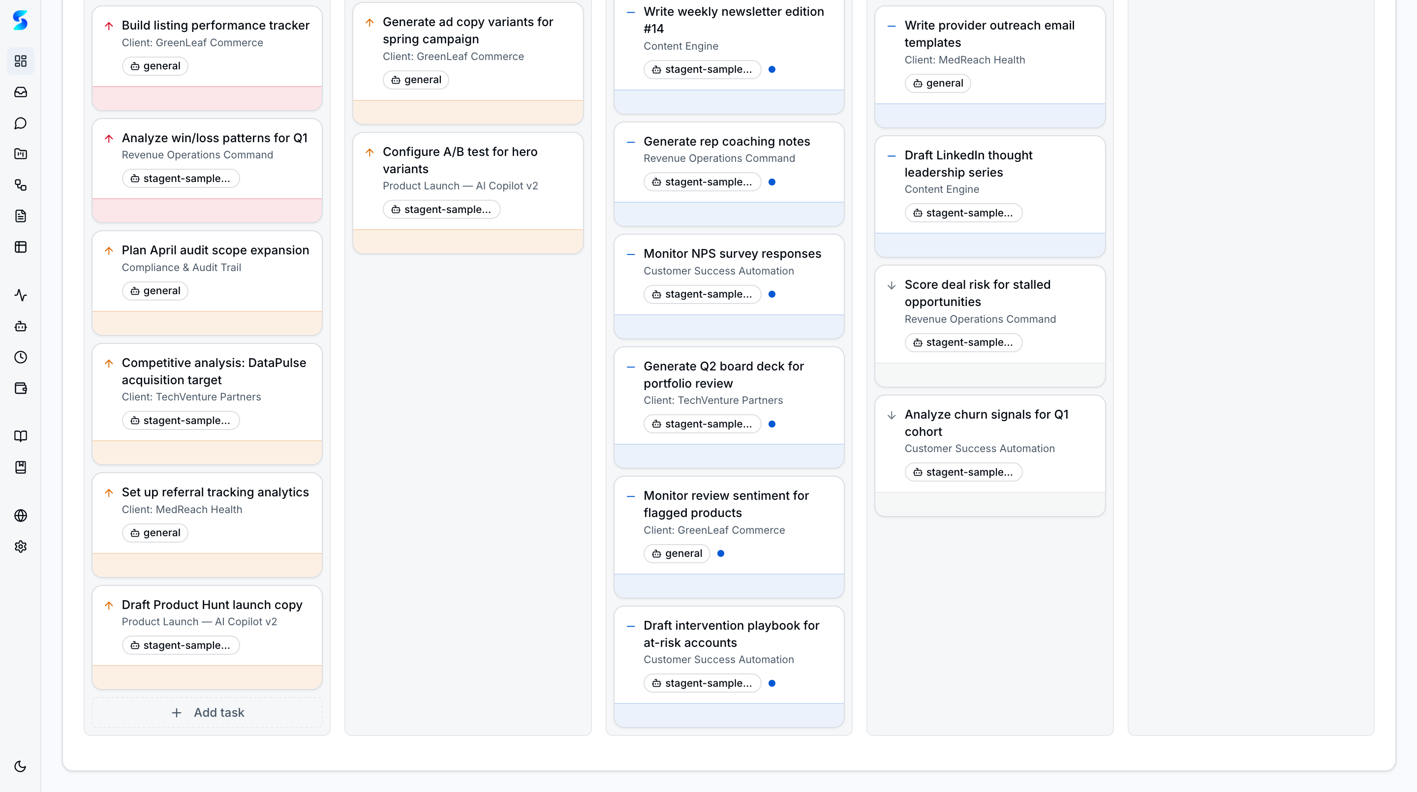 Dashboard kanban board below fold with additional task cards across Planned, Queued, Running, and Completed columns