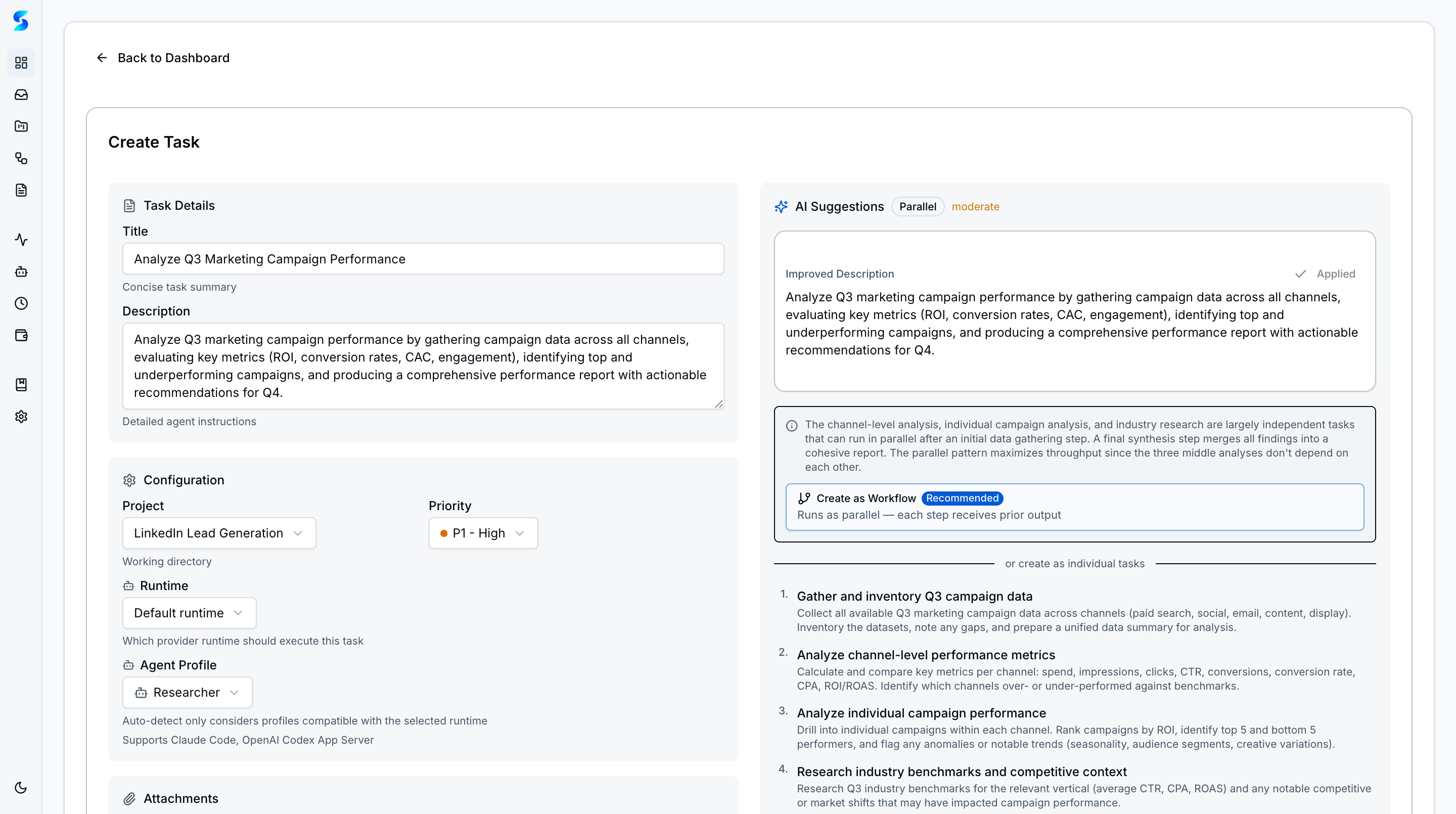 Create Task form after applying AI-improved description with enriched context and sub-task breakdown