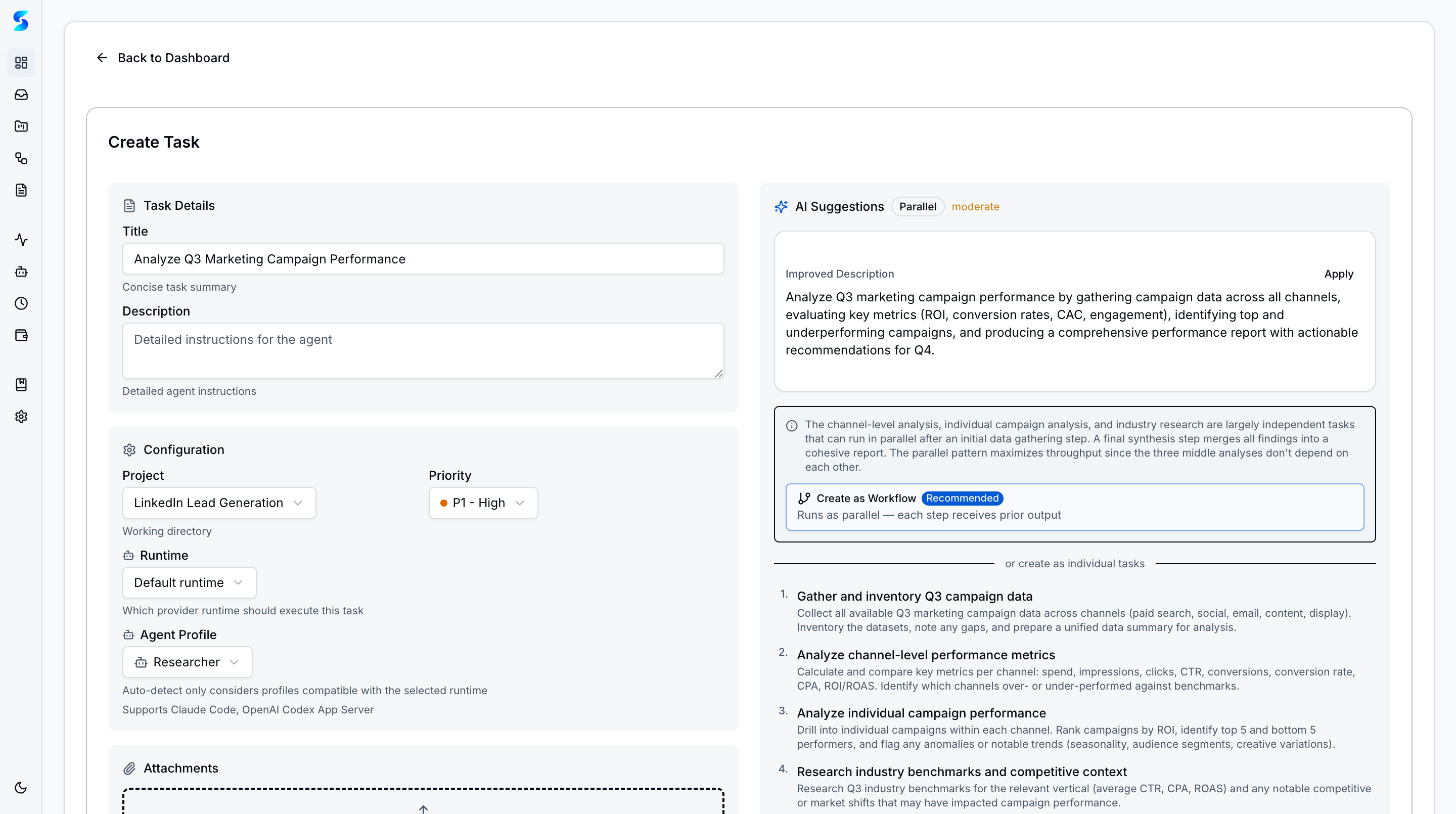 AI Assist panel with improved description, 4 sub-task suggestions, and Create as Workflow option