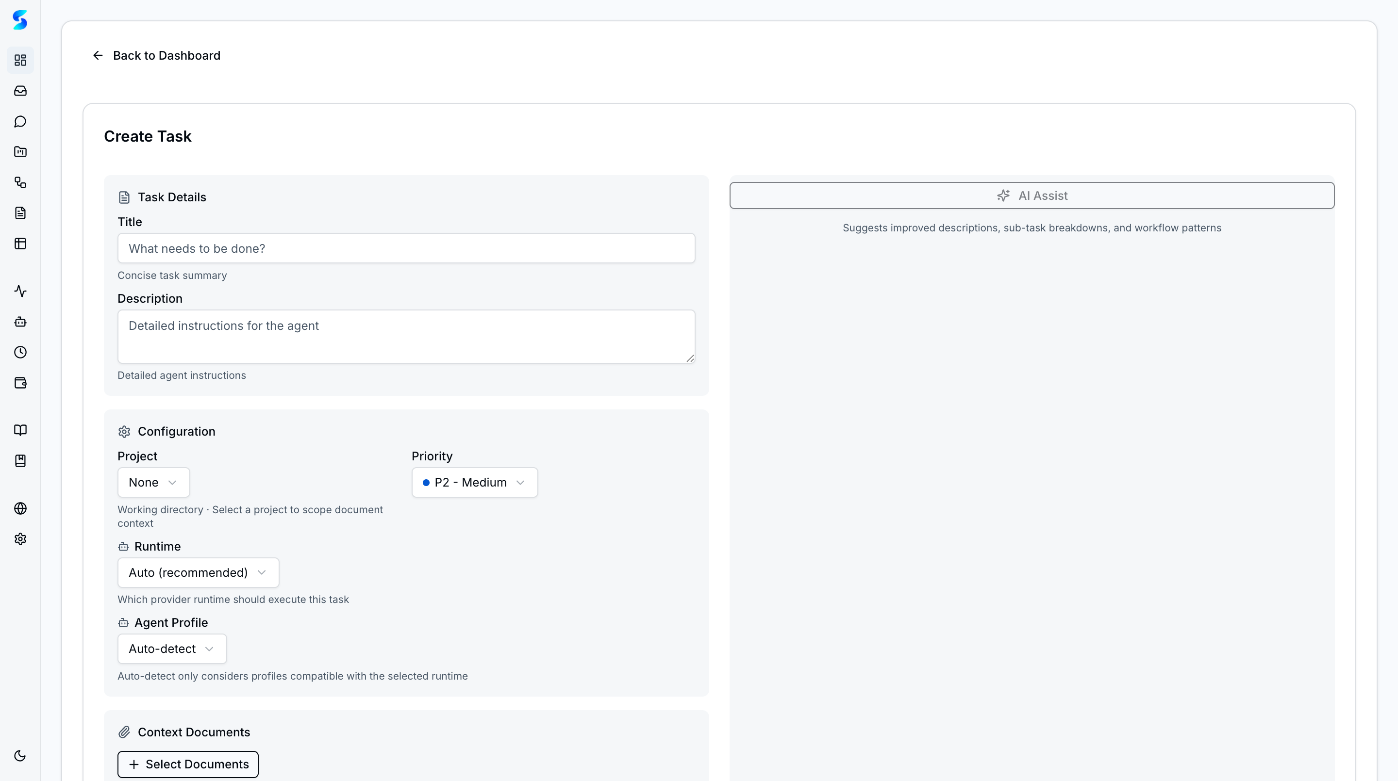 Empty Create Task form with Auto-detect profile and AI Assist panel ready for input