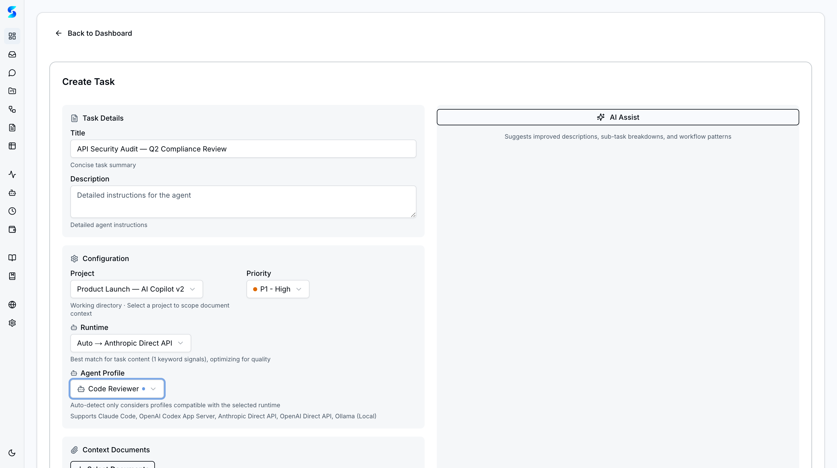 Create Task form with title, project, priority, runtime, agent profile, and AI Assist panel