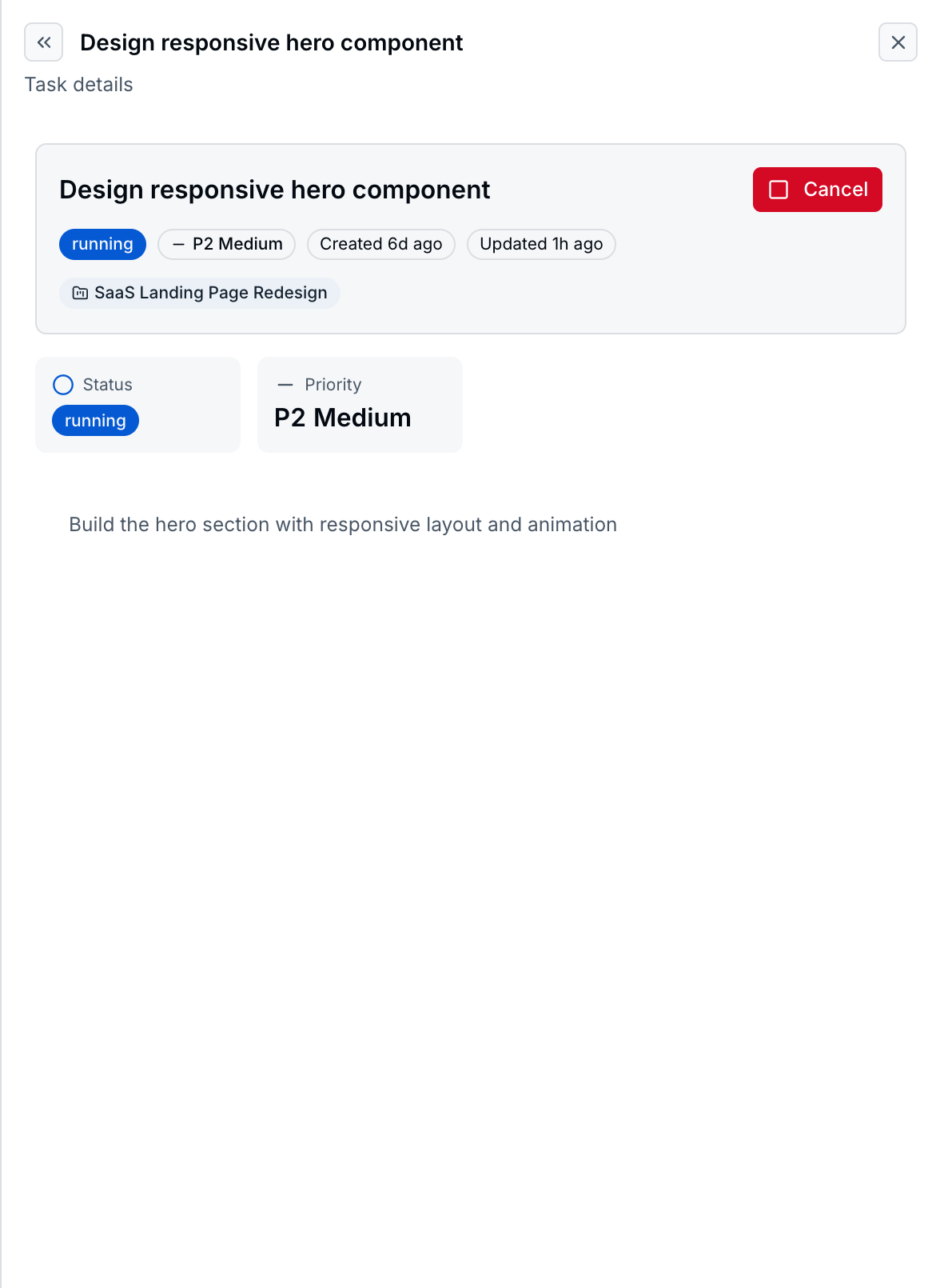 Task detail showing planned status, P0 Critical priority, and Queue/Edit/Delete actions