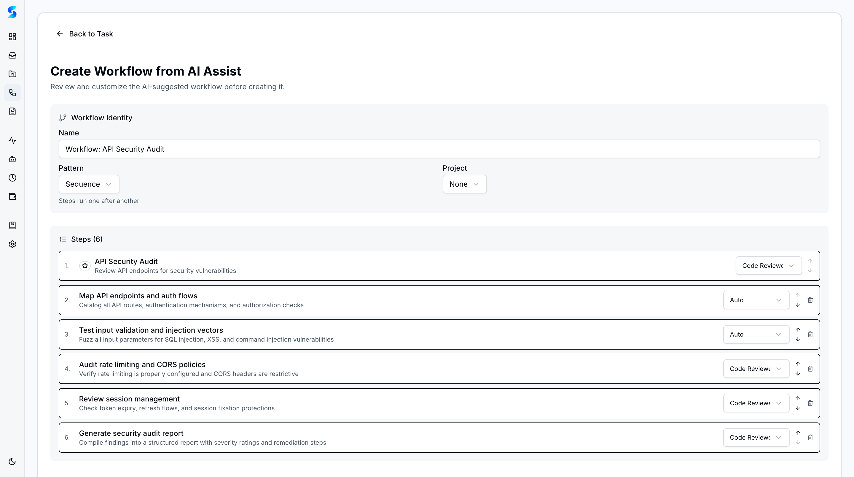 Create Workflow from AI Assist with 6 API Security Audit steps and assigned profiles