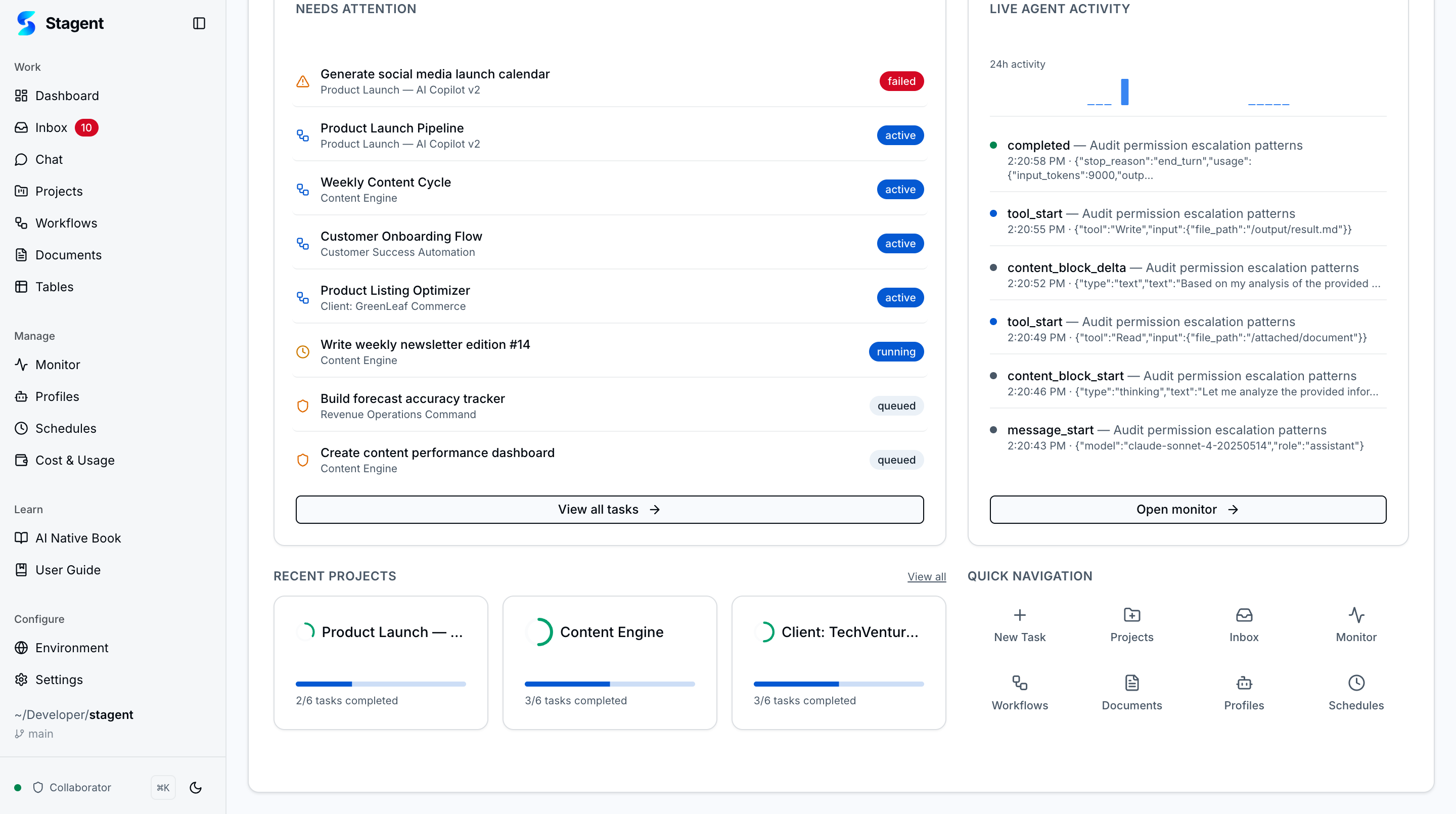 Home below-fold with needs attention queue, live agent activity, recent projects, and quick navigation