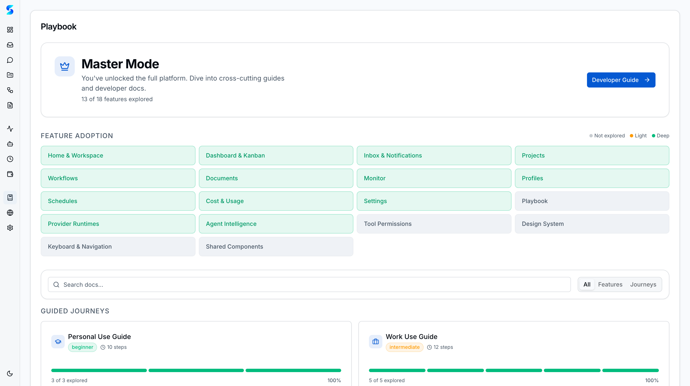Playbook with Master Mode, feature adoption grid across all surfaces, and guided journey cards