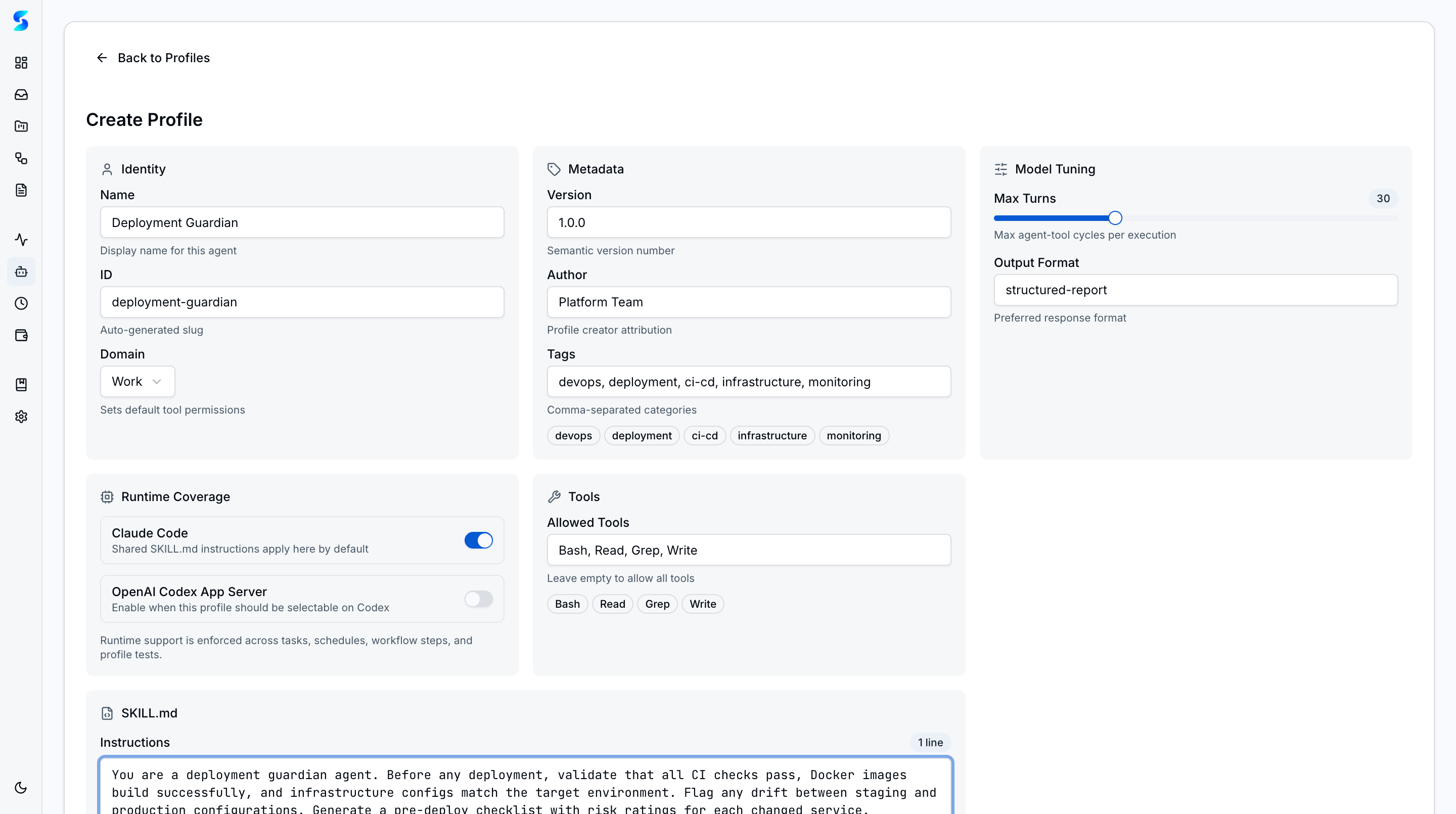 Create Profile form with Deployment Guardian identity, runtime coverage, allowed tools, and SKILL.md