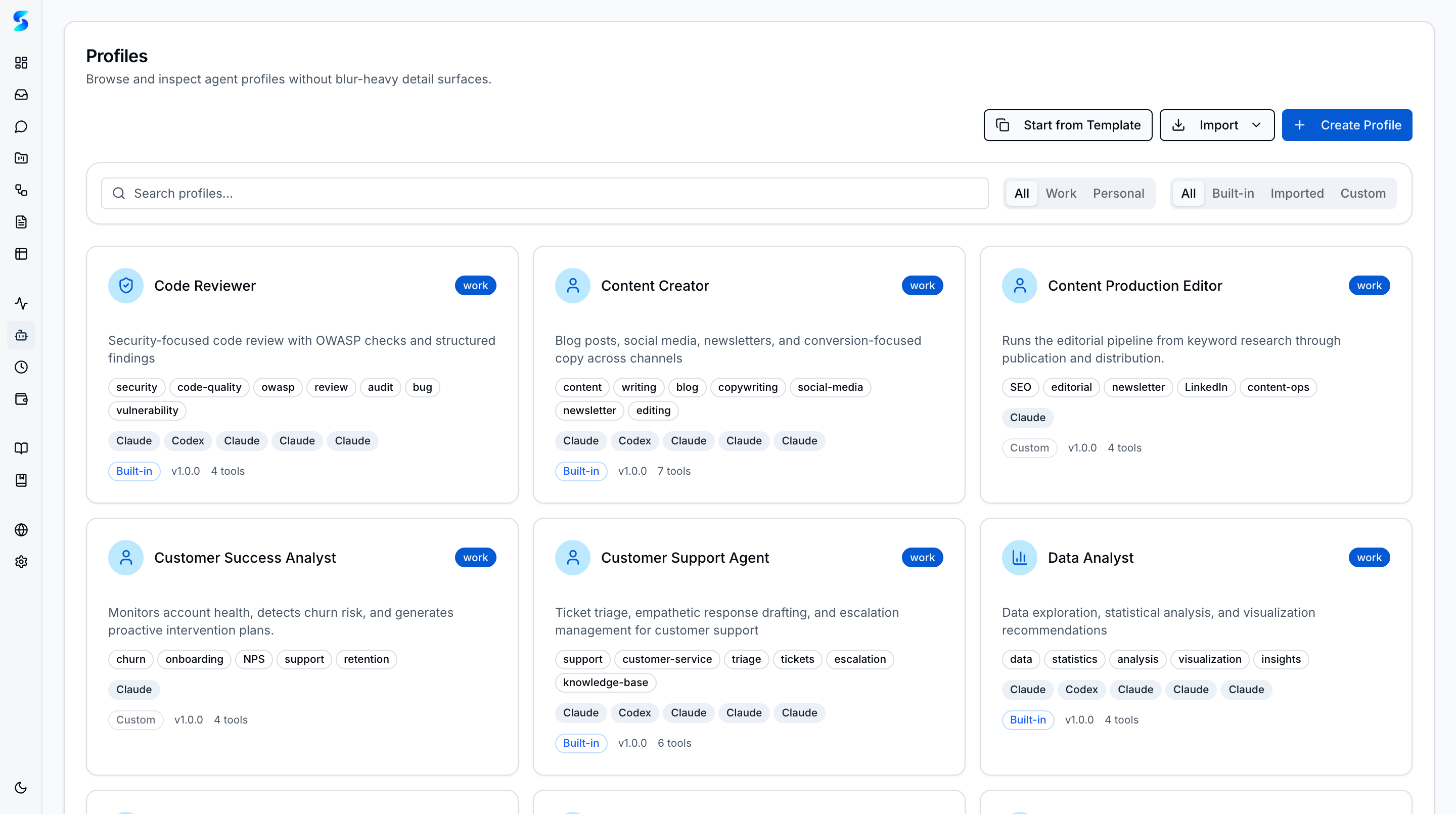Profiles catalog with Start from Template, Import, Create Profile buttons, search, and specialist cards with tags