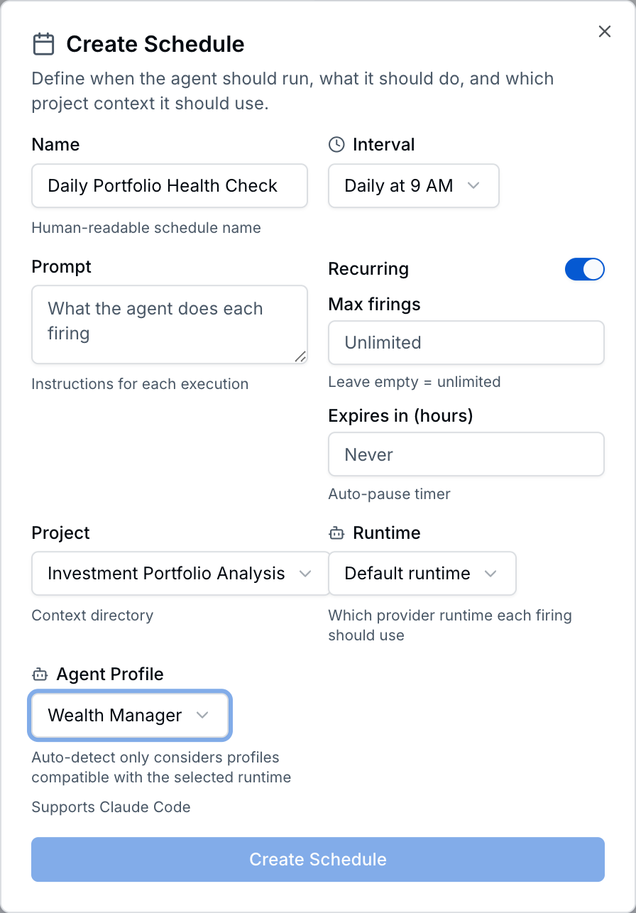 Create Schedule dialog with Daily Portfolio Health Check, 9 AM interval, recurring toggle, and Wealth Manager profile