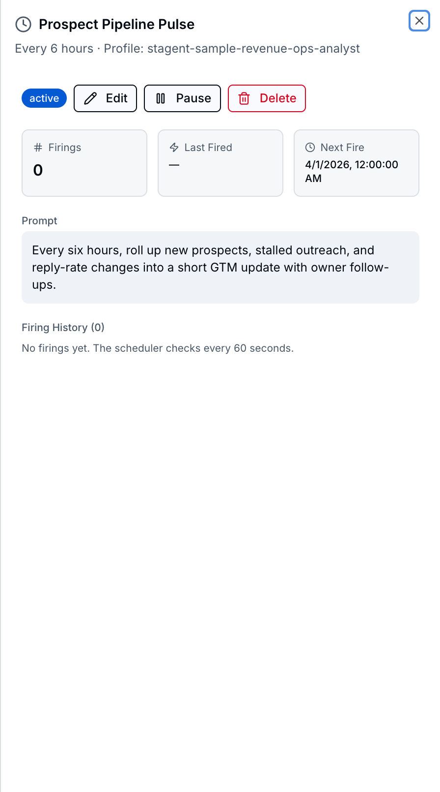 Prospect Pipeline Pulse schedule detail with firings count, next fire time, and prompt