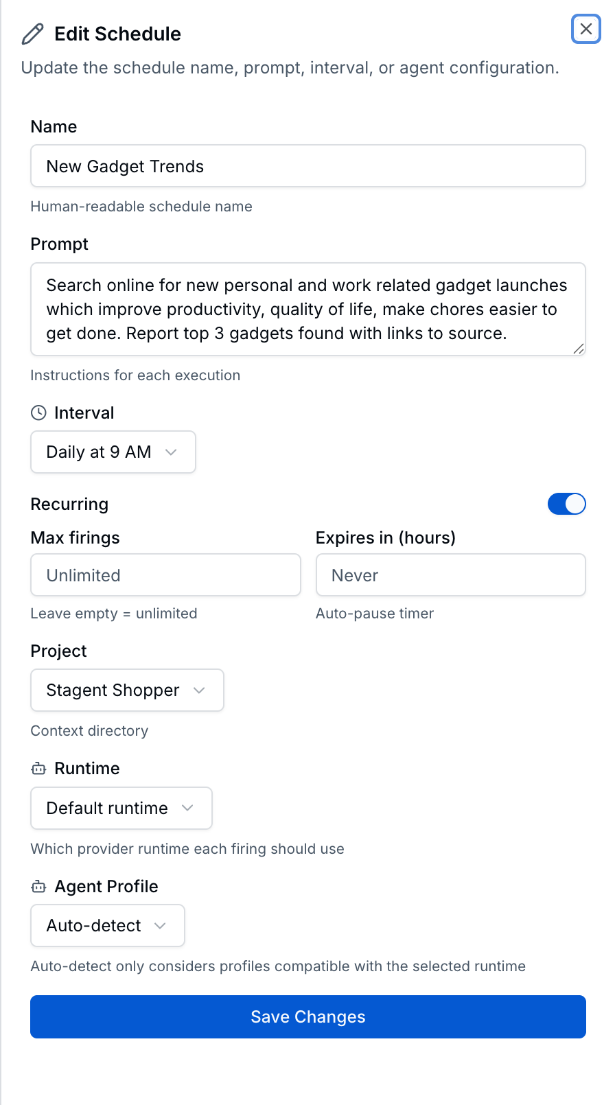 Edit Schedule form with New Gadget Trends name, daily 9 AM interval, recurring toggle, and auto-detect profile