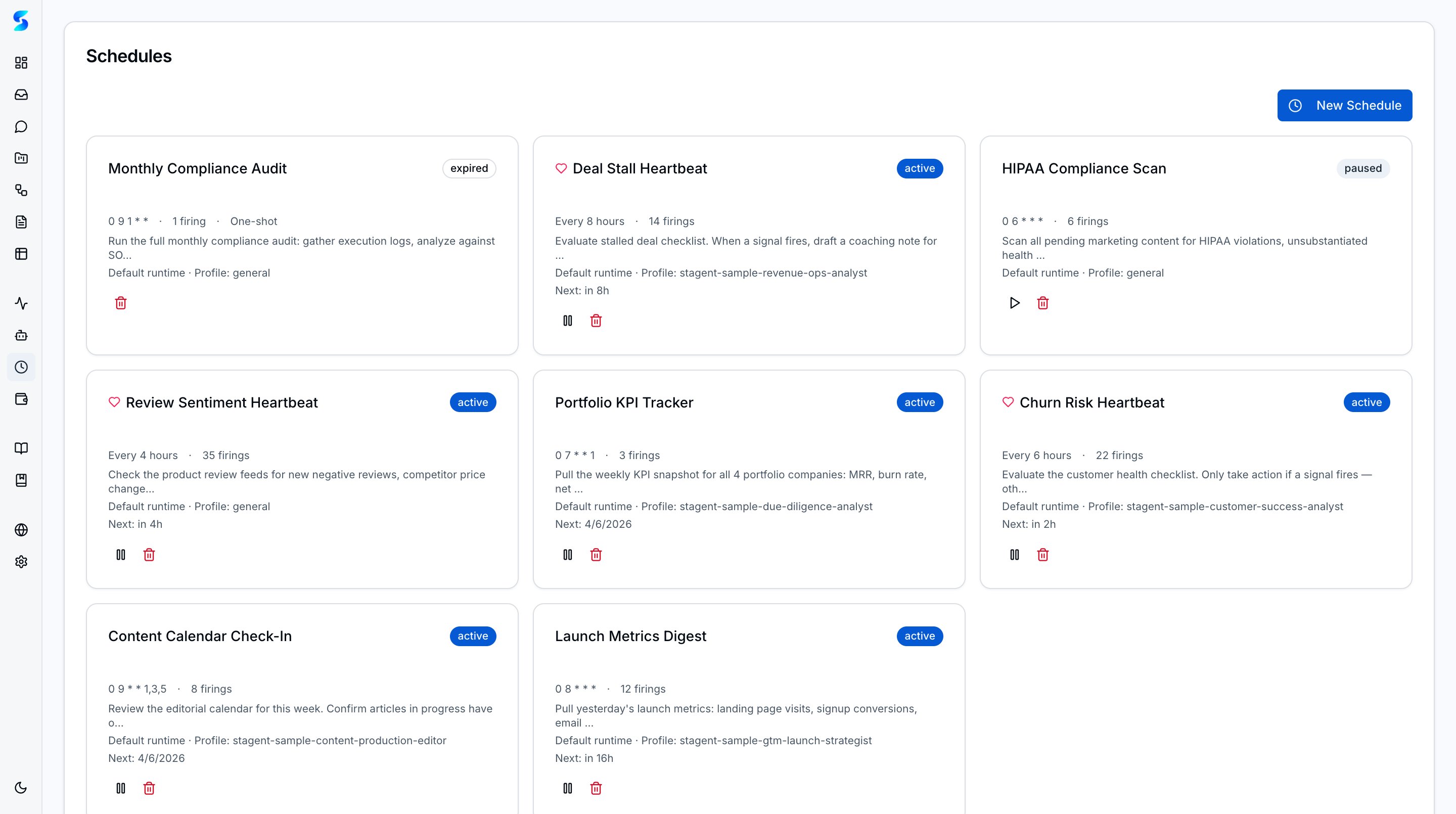 Schedules list showing active, paused, and expired scheduled runs