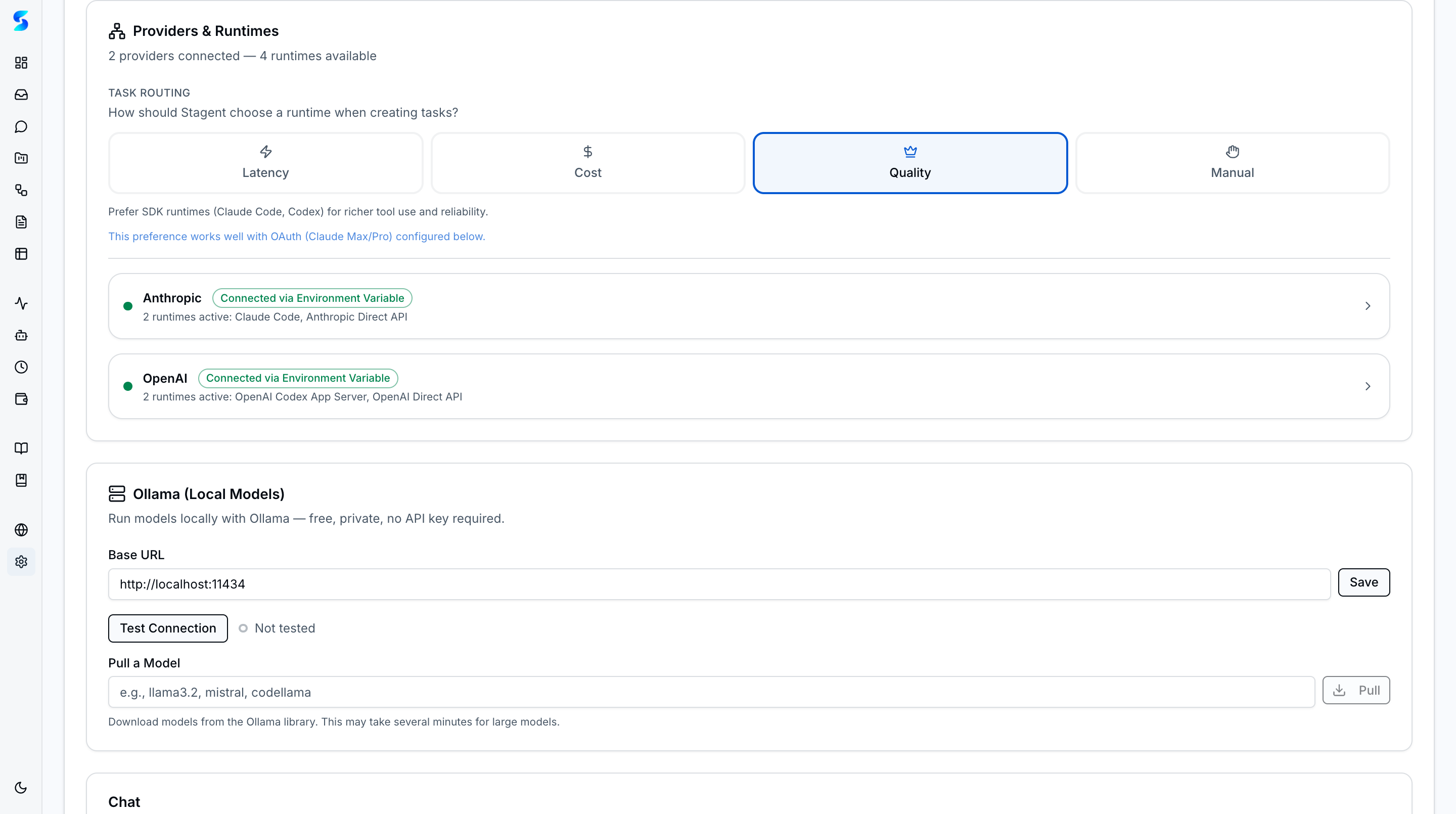 Providers and Runtimes with task routing selector, Anthropic and OpenAI connected status, and Ollama local models