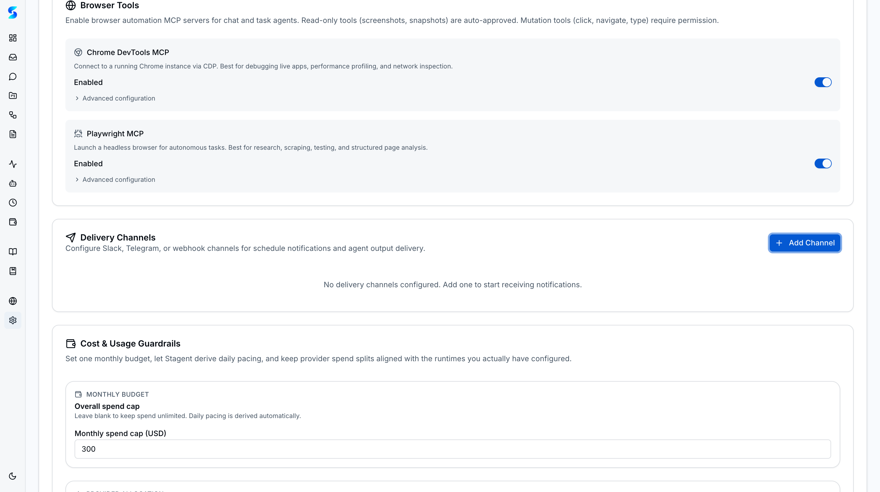 Settings authentication with Claude OAuth and API Key methods, OpenAI Codex Runtime configuration, and connection test buttons