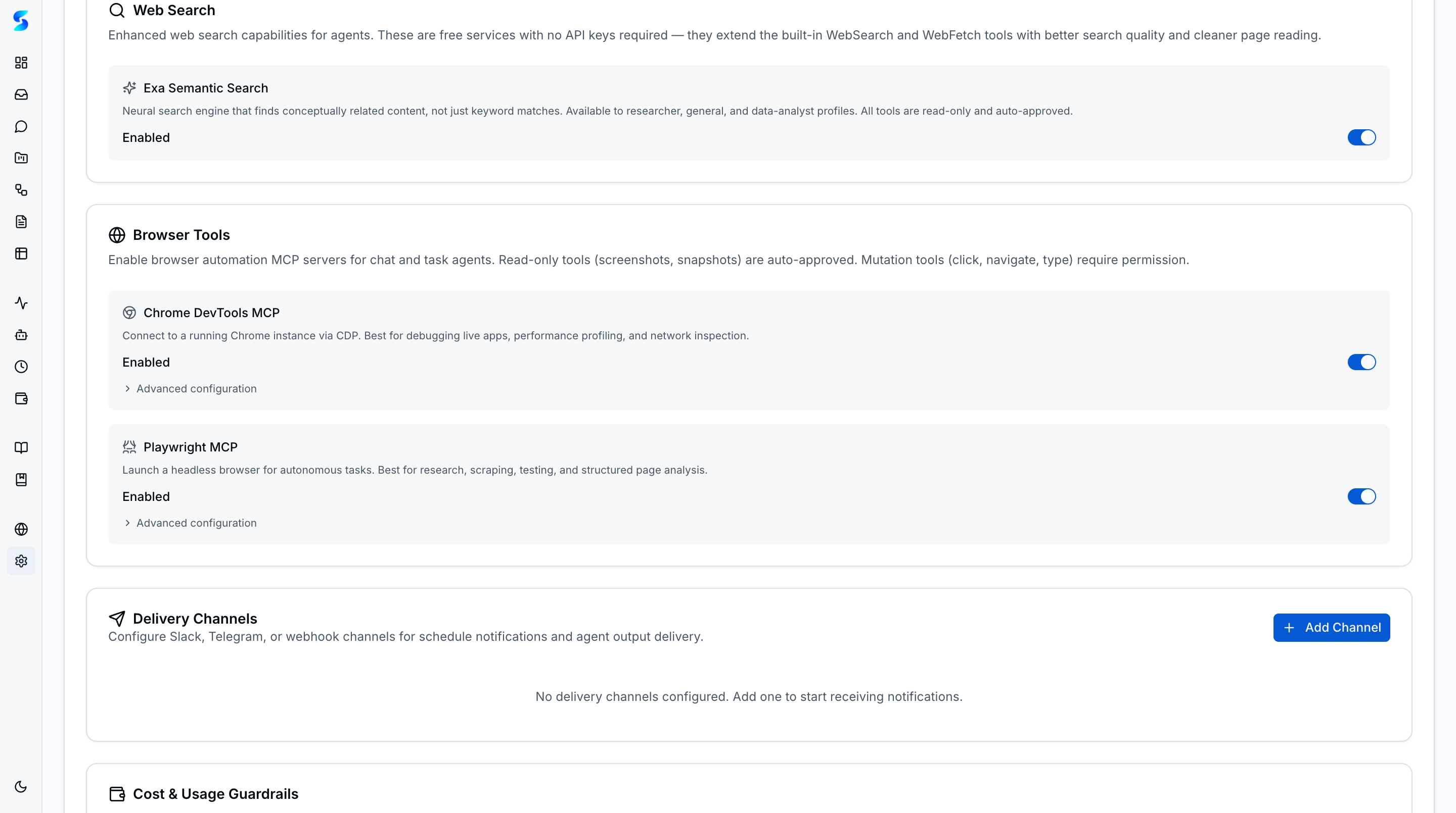 Permission presets with Read Only, Git Safe, and Full Auto risk tiers, tool permissions, and data management