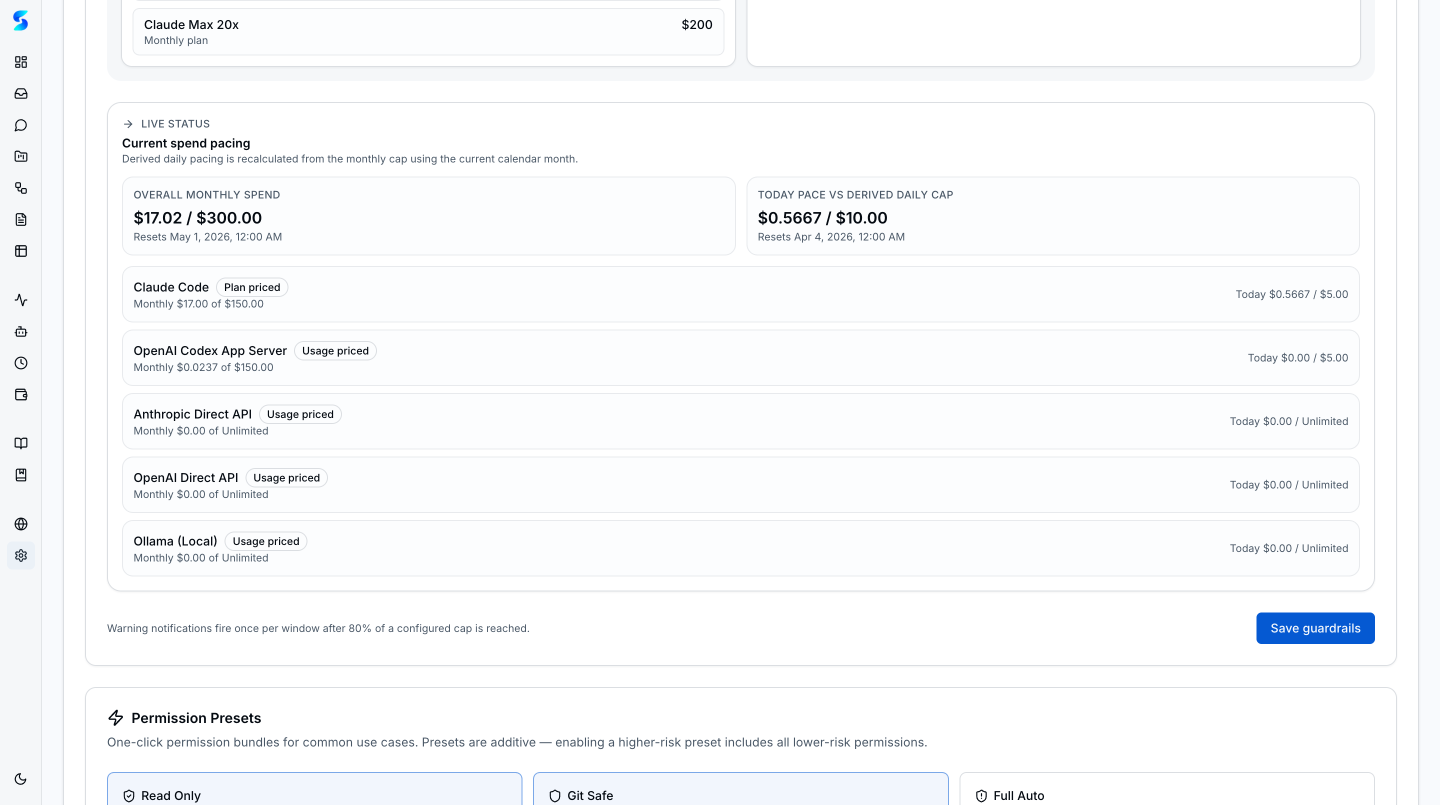 Live spend pacing with monthly and daily caps, provider breakdown, and permission presets with risk tiers