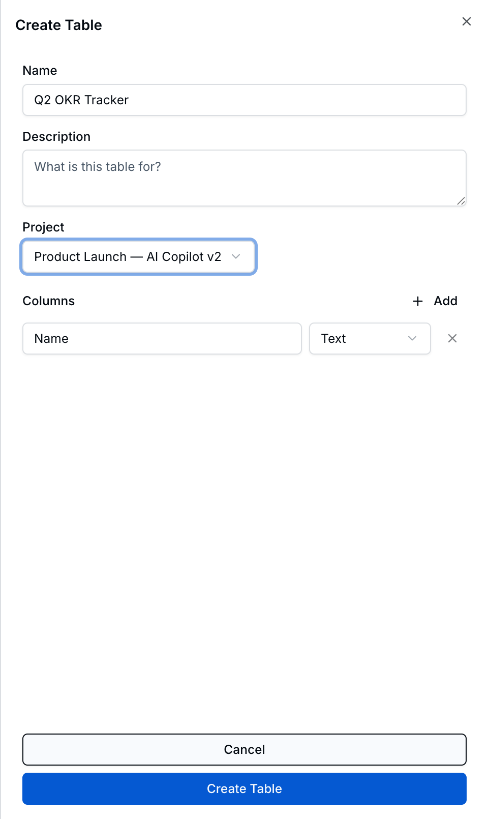 Create Table form with name, description, project selection, and column definitions