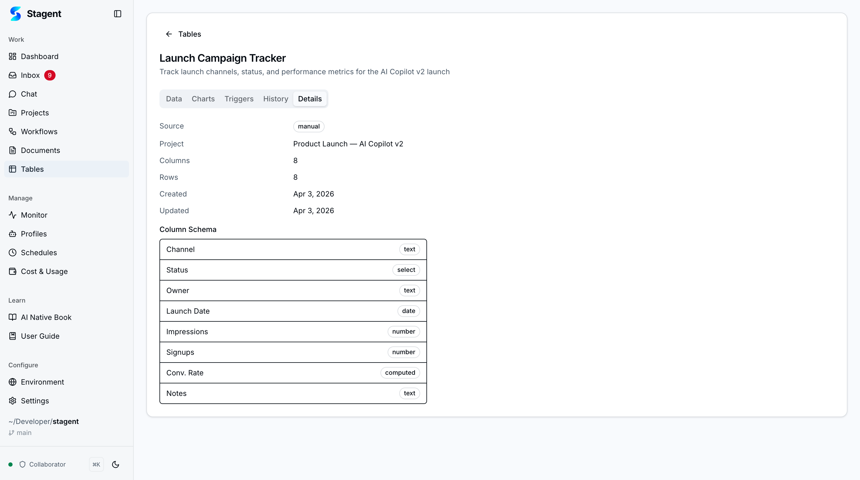 Tables Details tab showing table metadata, column definitions, and configuration