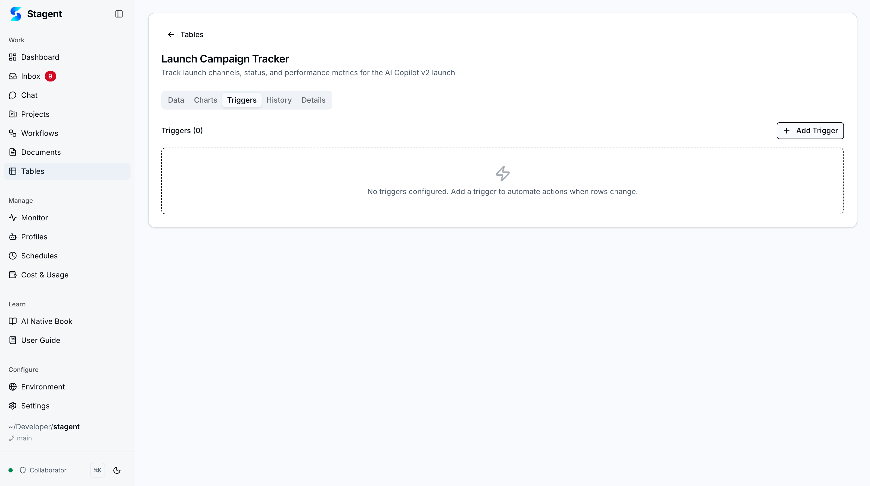 Tables Triggers tab for configuring automated actions based on row data changes