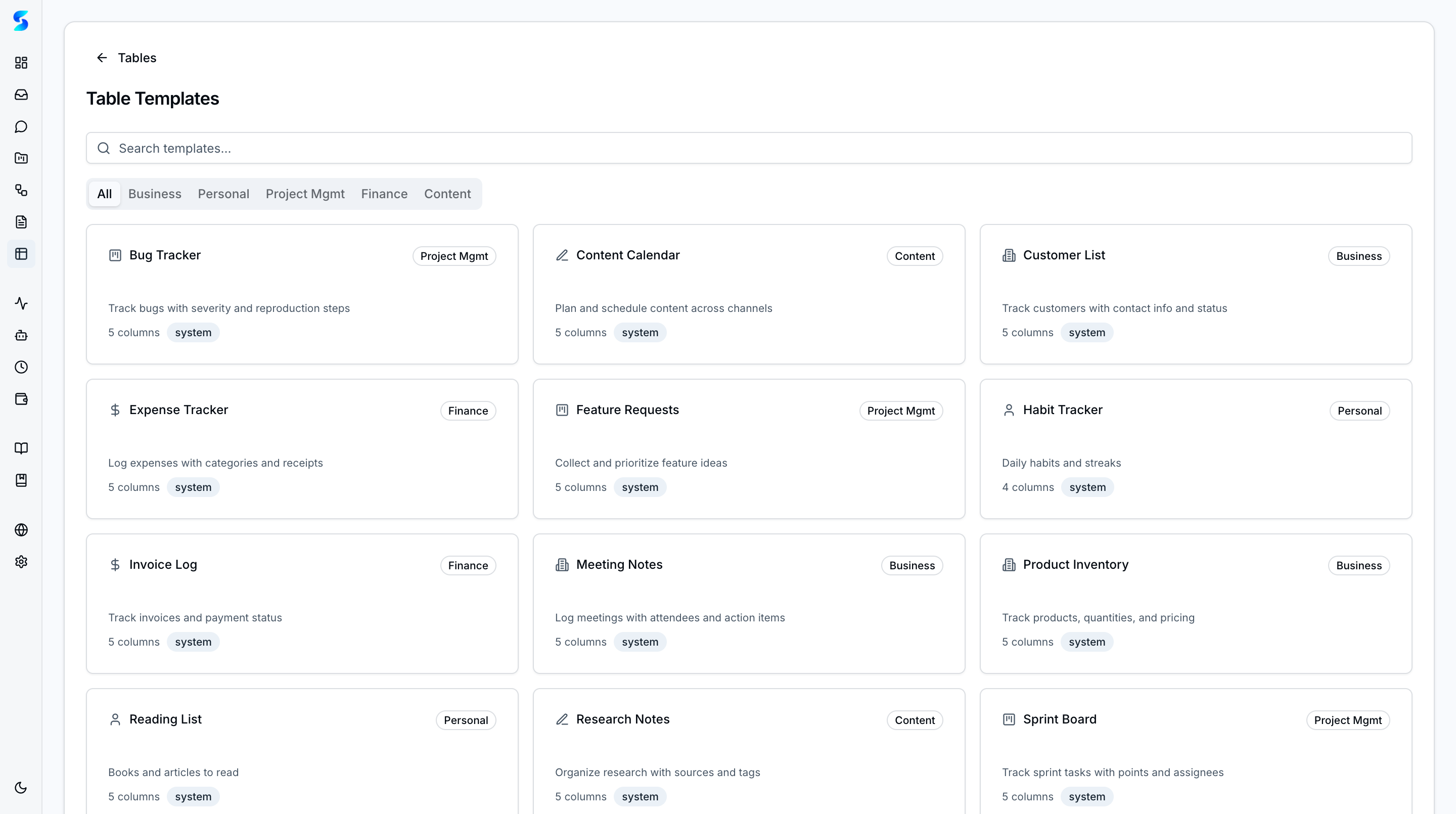 Table Templates gallery with Business, Personal, Project Management, Finance, and Content categories
