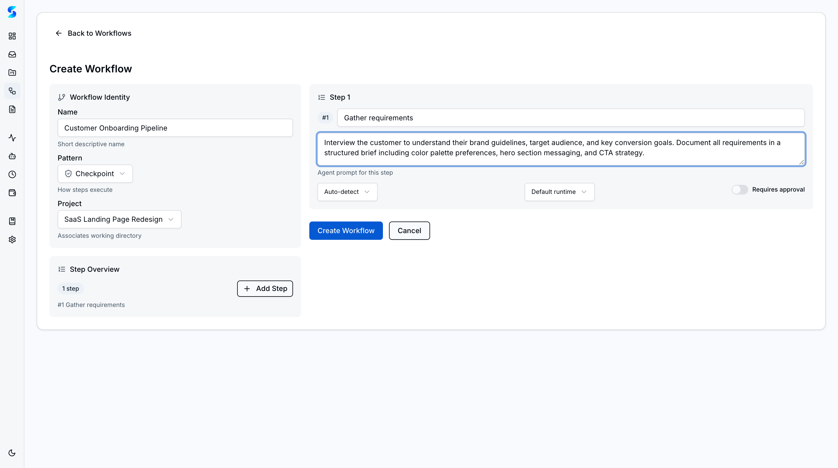 Create Workflow form with Customer Onboarding Pipeline, Checkpoint pattern, and step builder