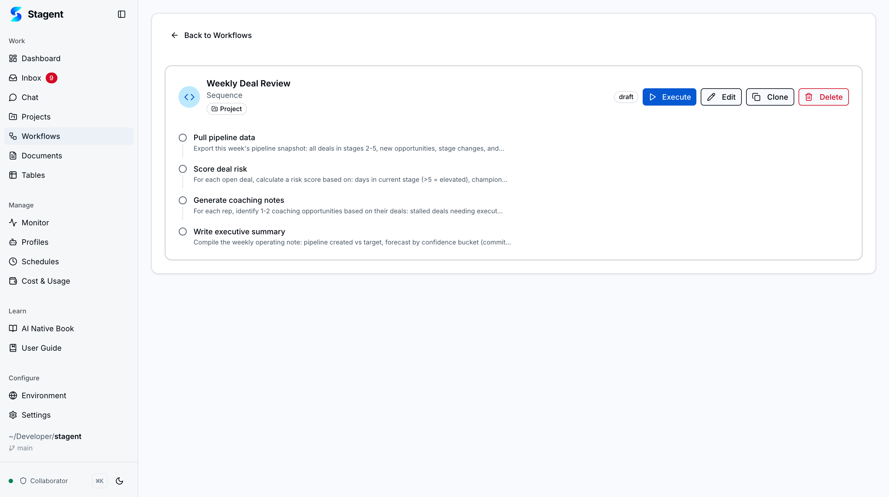 Content Review Pipeline sequence workflow with single step and Execute button