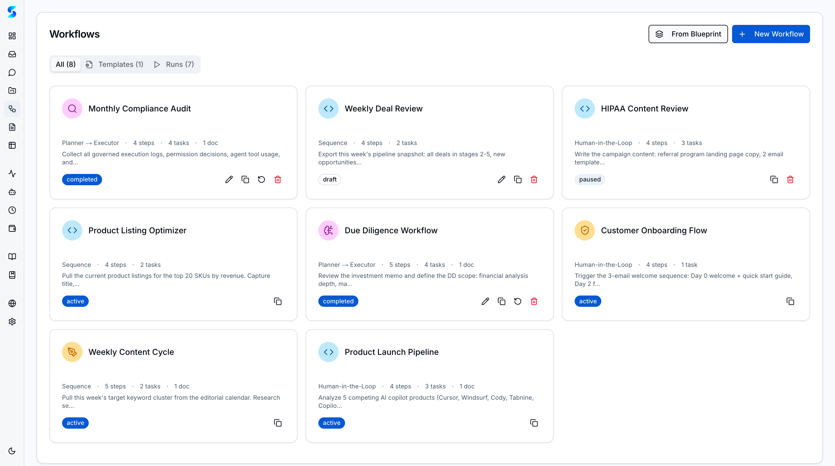 Workflows library with 5 workflows, pattern labels, and All/Templates/Runs tabs