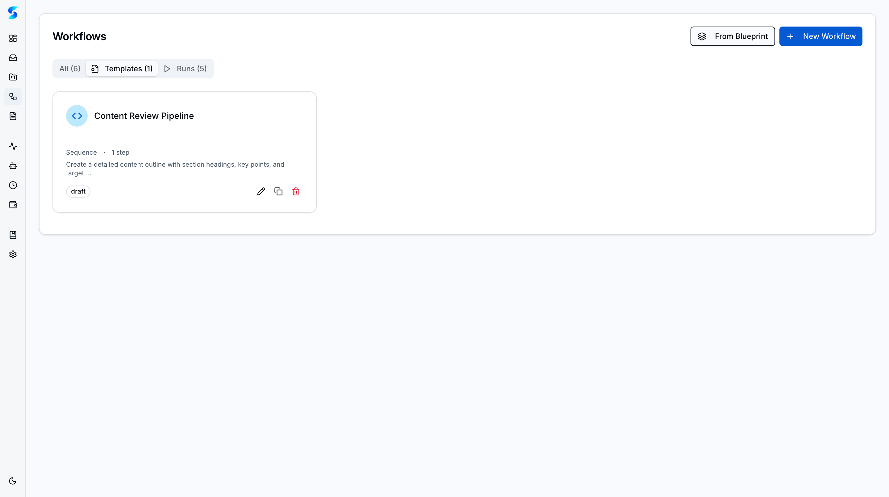 Workflows Templates tab showing reusable template with pattern and step count